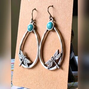 Silver Color Dragonfly Earrings with Turquoise Accents